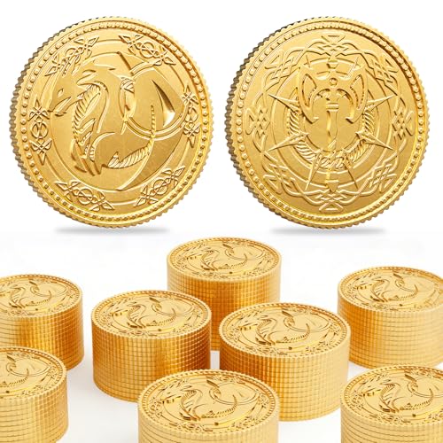 Byhoo Gold Coin 50 PCS Dragon Yue DND Metal Coins with PU Leather Pouch Heavy Duty Zinc Alloy Double-Sided Dragon & Axe Relief Tokens Fantasy Tabletop RPG Board Game Treasure