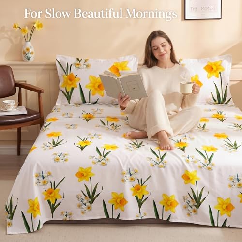 Image of BSB HOME 240 TC Cotton Bedsheet with 2 Pillow Covers, Soft Breathable Floral King Size Flat Bed Sheet - 90 x 100 Inches (228 x 254 cm) (Daffodil Yellow)