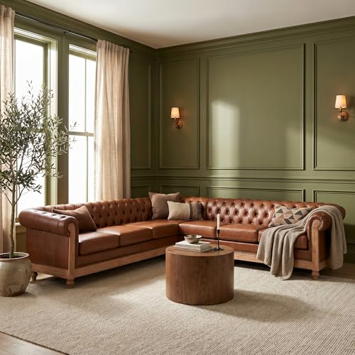 Image of Merax PU Chesterfield Sofa, Retro Style Upholstered 6 Seater Leather Rolled Arm Couch for Living Room Bedroom Office, Light Brown
