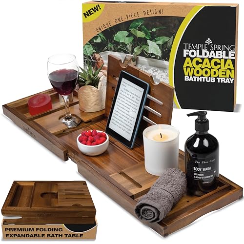Temple Spring Foldable Bathtub Tray, Unique Design Selfcare Bathroom Caddy, Acacia Spa Bathroom Tray, Wooden Bathtub Accessories, Wedding Gift/Birthday Gift/New Home Bath Table – Not Teak