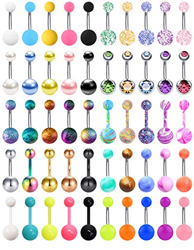 EVELICAL 50Pcs 14G Stainless Steel Belly Button Rings for Women Acrylic Screw Navel Bars Body Piercing Jewelry...
