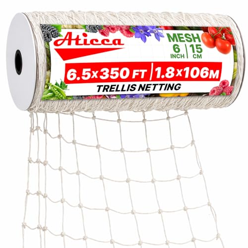 ATICCA Trellis Netting 6.5 x 350 ft Heavy Duty Polyester Plant Support Netting White - 6 Inch Garden Rope Trellis on Roll - Mesh Twine for Growing Vine Climbing Plants Flowers Peas and Tomatoes.