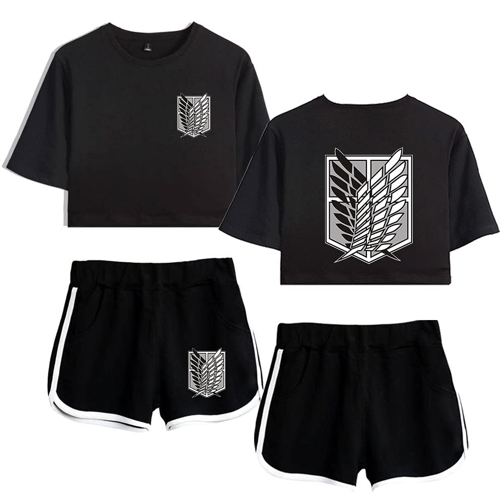 LKY STARWomen's Anime Attack On Titan Crop Top T-Shirts and Shorts Set AOT Tracksuit Suit for Girls and Women
