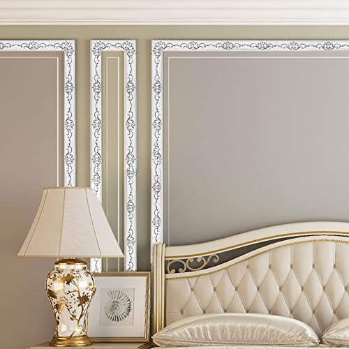 AXYWINBO® Zierleisten Selbstklebend,5m*3.6cm Wandleisten Selbstklebend Silber PVC Weichsockelleiste Europäische Vintage,Zierleiste für Schrank,Spiegelrahmen,Wandkante,Heimdekoration