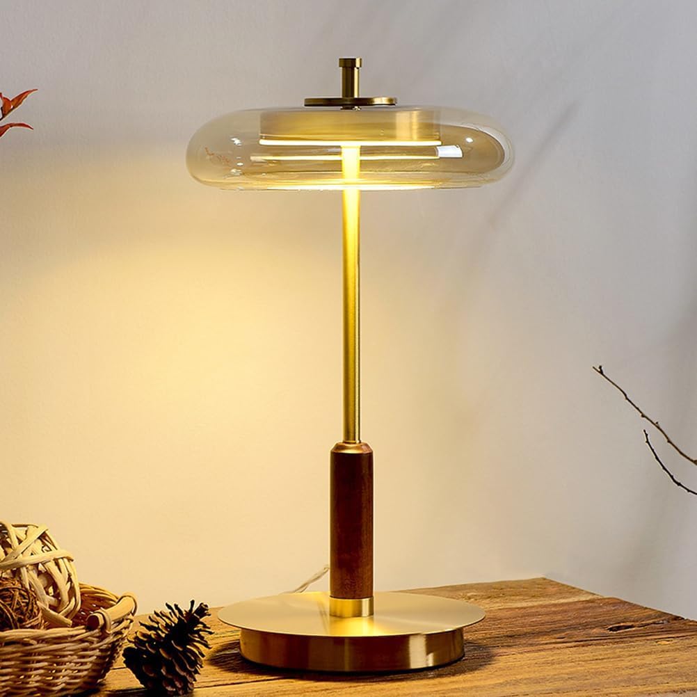 AoLa Mosiężna lampa stołowa w kolorze złotym 3 temperatury barwowe 3000K/4000K/6000K z przełącznikiem lampa stołowa LED z wtyczką i kablem nowoczesna lampa nocna z szklanym kloszem