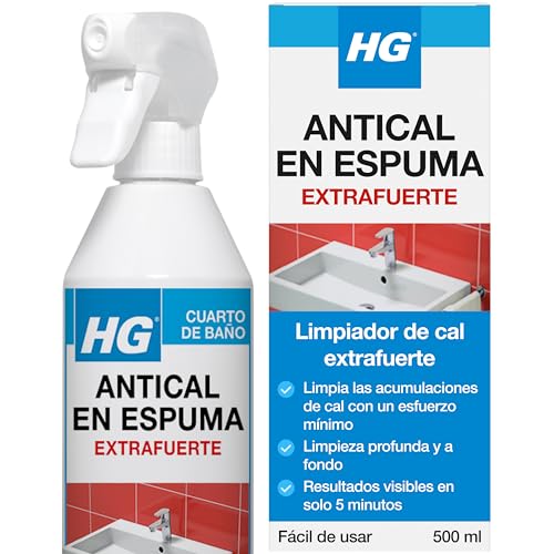 HG Espuma Antical Súper Potente, Elimina las Manchas y Restos de Cal de Grifos y WC, Limpia Baños, Duchas, Bañeras y Mamparas entre otros - 500ml