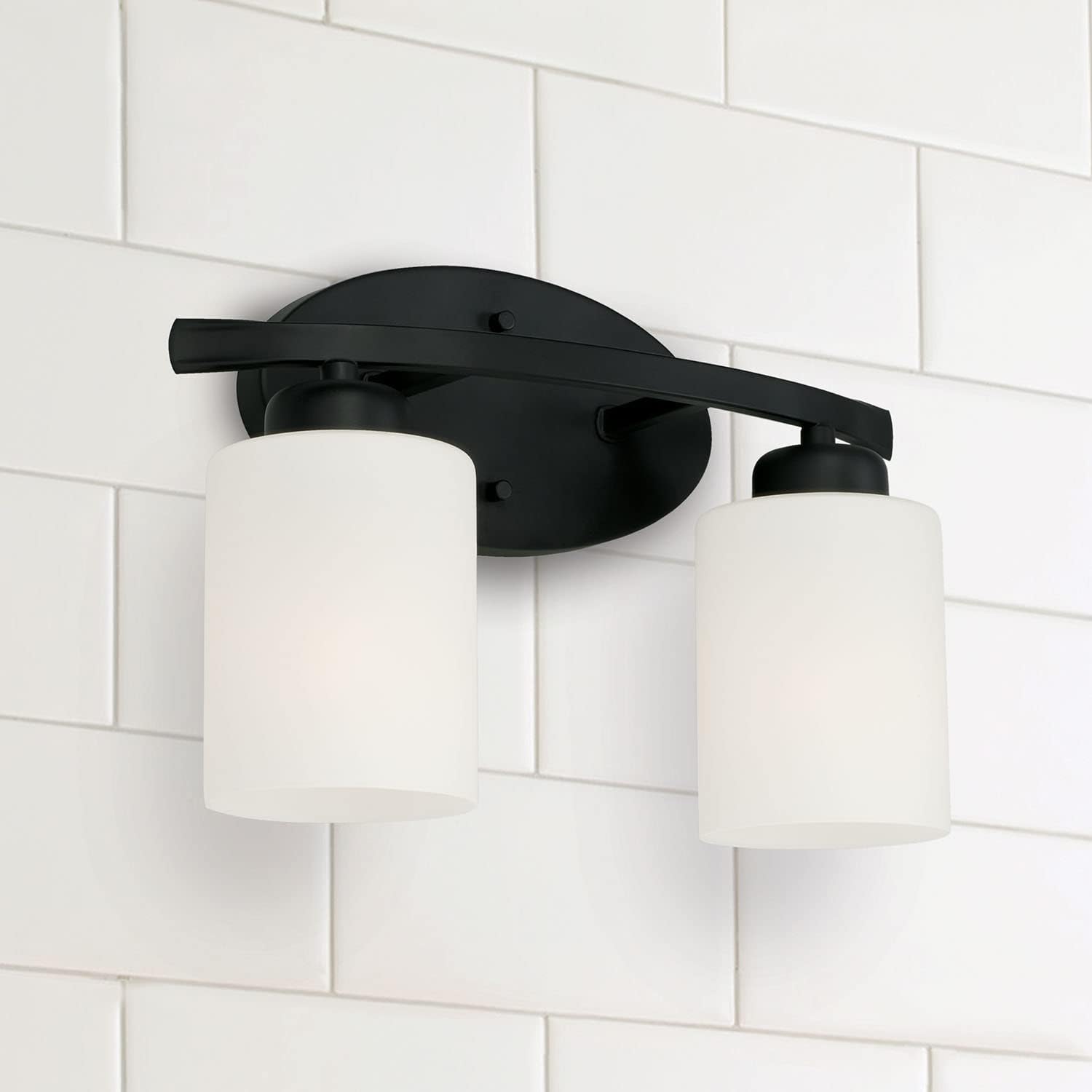 HomePlace by Capital Lighting 115221MB-338 Dixon Modern Soft White Glass Bathroom Vanity Wall Light, 2-Light 200 Total Watts, 9" H x 13" W, Matte Black