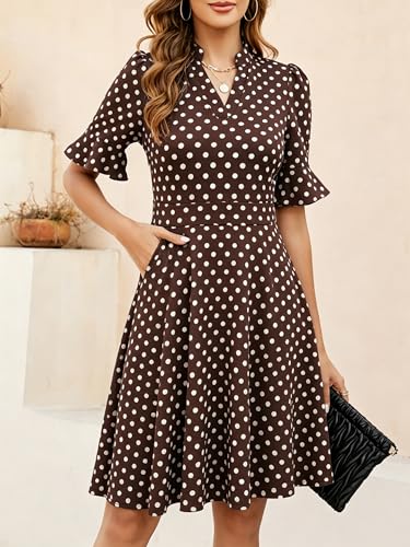 Image of Mokayee Womens Summer V Neck Ruffle Short Sleeve Fit and Flare Knee Length Church Wedding Guest Dresses with Pockets