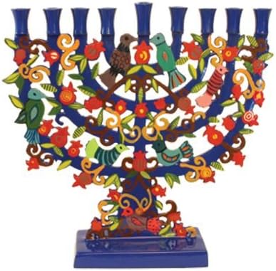 Yair Emanuel Large Blue Menorah with a Tree Design and Birds in Lazer-Cut Metal