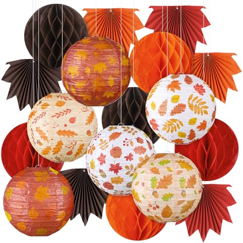 Image of Retisee 18 Pcs Fall Party Decoration, Maple leaf design, Autumn Paper Decor | Fall Paper Lanterns, Maple Leaves Hanging Fans, Honeycomb Orange Brown Lanterns for Thanksgiving Harvest Party