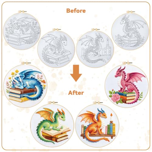 Image of BEUNITONE 4 Set Embroidery Kits for Beginners with Dragon Pre-Print Patterns, DIY Craft Kits Include Instructions and 2 Embroidery Hoops, Cross Stitch Needlepoint Kits for Craft Lover and Home Decor