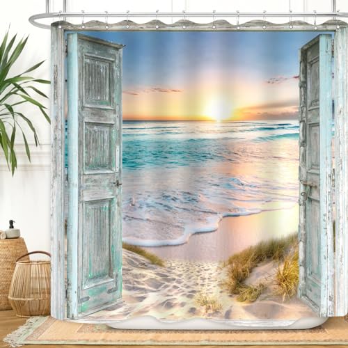ZXMBF Beach Coastal Shower Curtain 72Lx72W Inch Ocean Sunrise Seaside Seascape Nautical Sea Rustic Barn Door Seashore Teal Blue Bathroom Decor Waterproof Fabric with 12PCS Hooks