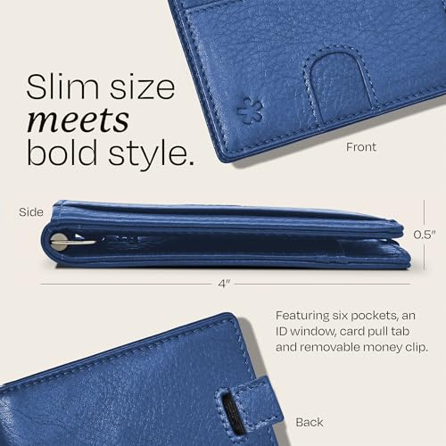 Image of Swear Brands Full Grain Leather Wallet with RFID Blocking & Money Clip - Minimalist Bifold Wallet Holds 12 Cards - Easy Access Pull Tab - Ethically Sourced (Blue)