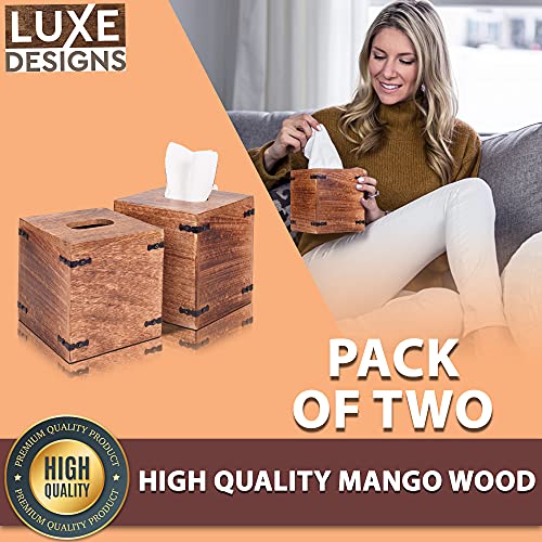 Luxe Designs Rustic Wood Tissue Box Cover with Slide-Out Bottom Panel - Decorative Mango Wood Tissue Box Holder for Bathroom, Car, or Office Desk - 5.7 x 5.7 x 6.5 Inches, Natural (Set of 2)