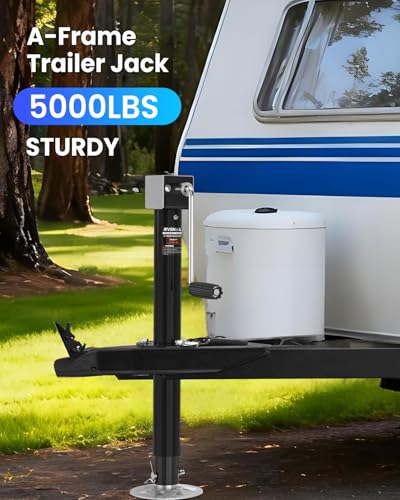 Image of 5000 lbs Heavy Duty Trailer Jack, A-Frame Trailer Jack, 20-24V Cordless Drill Compatible, RV Tongue Jack with 26 inch Lift, 9-Hole Drop Leg, Manual Crank Handle & Cover for Boat, Utility Trailers