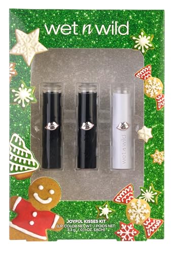 Wet n Wild Joyful Kisses Kit, Caja de Regalo de Maquillaje con 2 Labiales Mate y 1 Labial Cremoso Brillante de Larga Duración, Nutrientes y Altamente Pigmentados en Tonalidades Rojo, Canela y Rosa