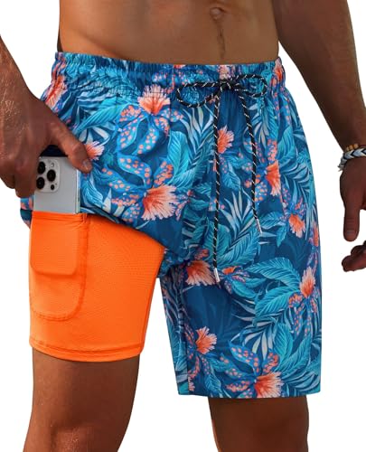Image of Gleeease 7inch Mens Swim Trunks 2 in 1 with Compression Liner Pockets Drawstring Quick Dry Stretch Lined Funny Beach Pool