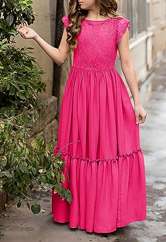 Image of MITILLY Girls Lace Flower Wedding Guest Long Maxi Dress for 6-12 Years | Girls Boho Dress, Girls' Special Occasion Dresses, Wedding Party, Size 6-12 Years, Ruffle Sleeve, A Line, With Pockets