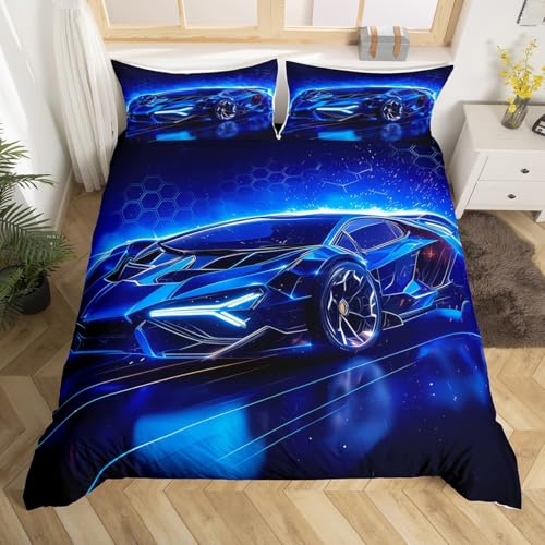 Homemissing Voitures de Sport Housse de Couette 140x200cm Bleu Enfants Racing vêtements décoration de Chambre Sports extrêmes thèmes Parure de Lit Cool...