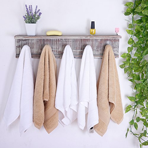 Mygift Wall Mounted Rustic Solid Torched Wood Towel Hanger Hooks And Floating Display Shelf Rack With 5 Hooks #TOP2