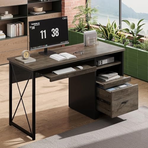 Image of Bestier 47 inch Office Desk with Drawers, Industrial Computer Desk with Drawer, Reversible Teacher Desk with Storage & Keyboard Tray for Small Space Home Office & Studio, Gray Wash | 47 Inch Desktop With File Drawer, Open Storage, Keyboard Tray And Reversible Layout For Small-Space Home Office Use.