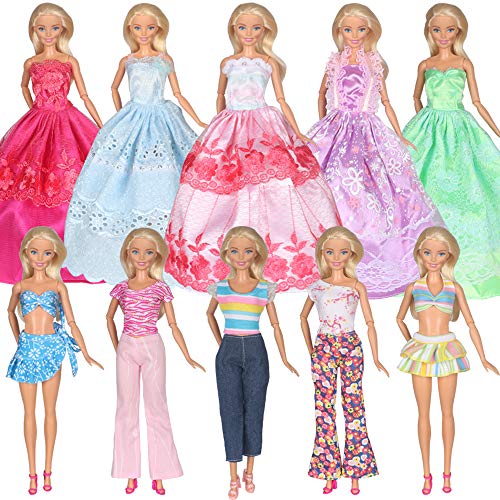 Tanosy Lot 10 Sets Dresses 5 PCS Wedding Party Dresses 3 Tops 3 Pants Outfits and 2 Sets Bikini Swimsuits for 11.5 inch Doll Children's Day Gift