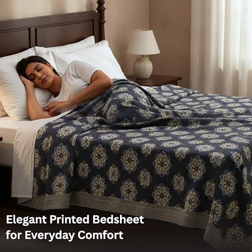 Image of LITO LINEN AND TOWEL Single Bed Solapur Chaddar 100% Cotton Blanket - Reversible Handloom Bedspread for Winter & All Seasons, Soft Breathable Cotton Bedsheet /Blanket, 60 x 90 Inch, Navy Blue Floral