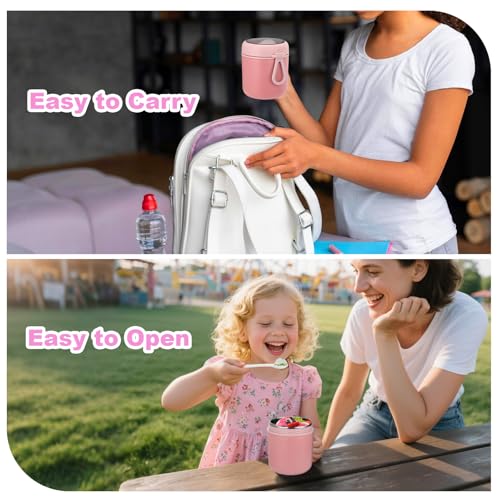 16oz Insulated Thermo Food Container for Hot Food - Leak-Proof Stainless Steel Kids Thermo for with Wide Mouth & Foldable Spoon, Suitable for Hot & Cold Foods, Lunches, Soups, Travel (Pink)