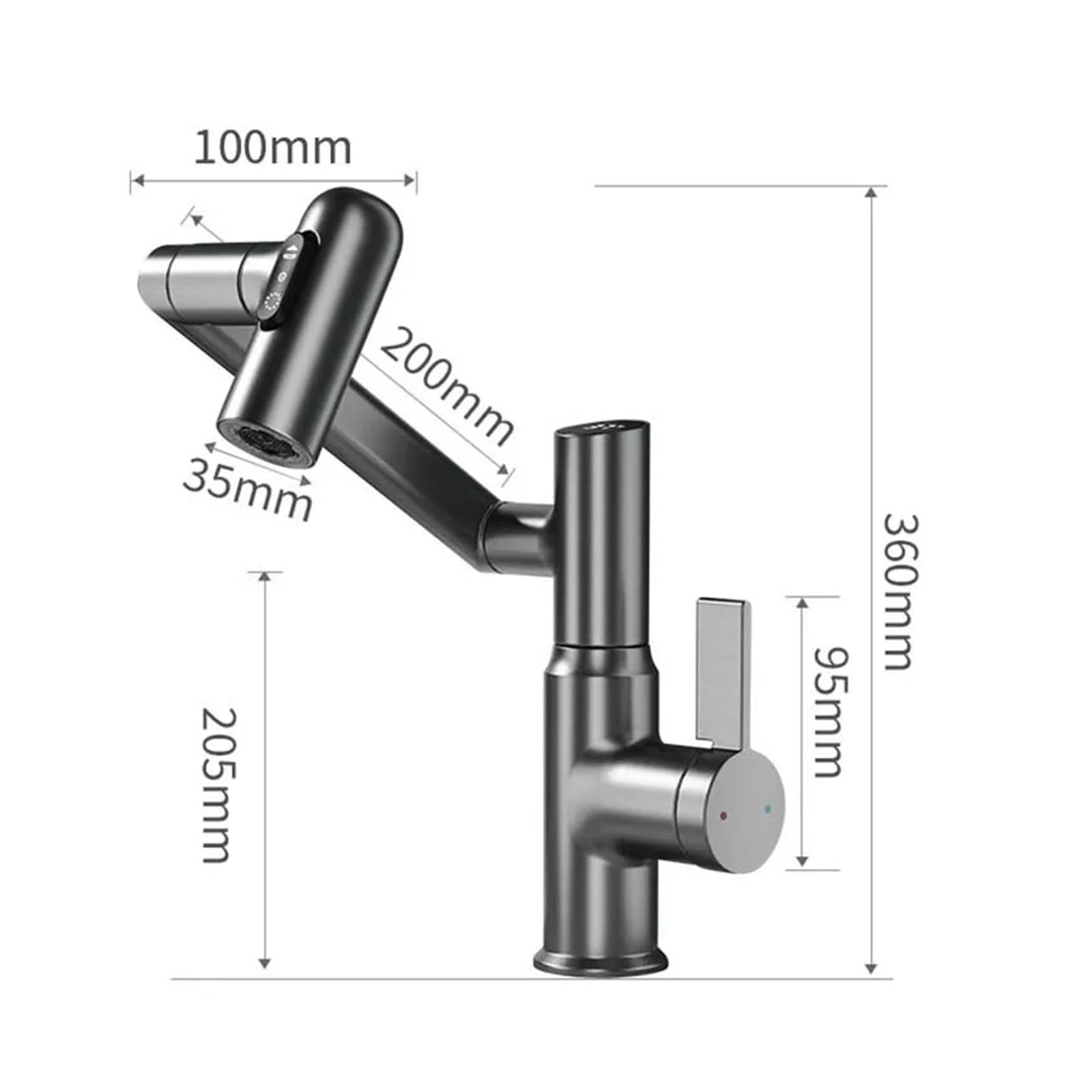 Grifo de lavabo extraíble giratorio de 360° con mezclador de agua caliente y fría, montaje en encimera, pistola de pantalla digital, gris, grifo moderno para lavabo de baño para estilo y funcionalidad