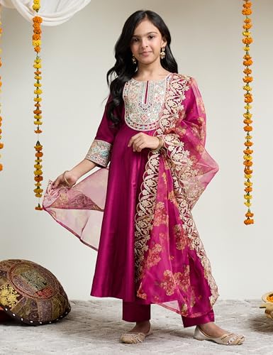 Image of Amazon Brand - Symbol Girl's Rayon Ethnic Wear Embroidered Kurta Set with Net Dupatta