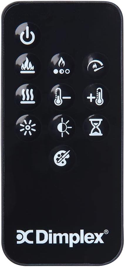 Image of the black remote control for the Dimplex electric fireplace, featuring buttons for power, flame effects, heat, temperature adjustment, light intensity, timer, and color palette.