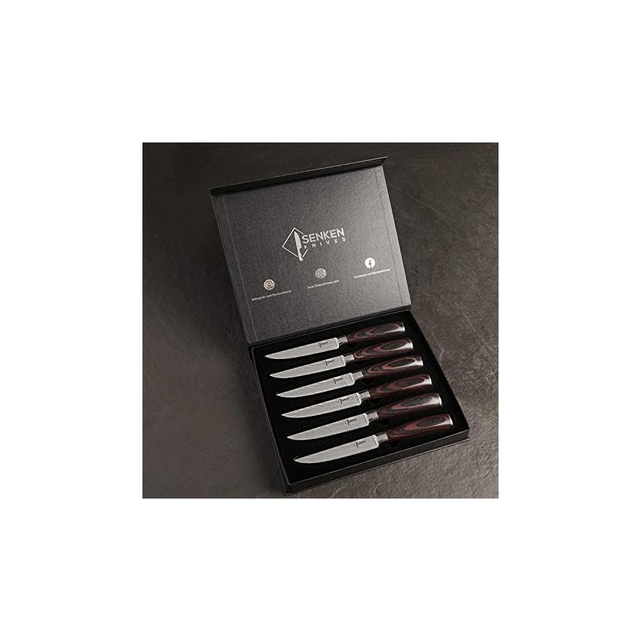 SENKEN Professional Steak Knife Set with Damascus Pattern - Razor Sharp Serrated Stainless Steel & Wood Handle (Steak Knives Set of 6)