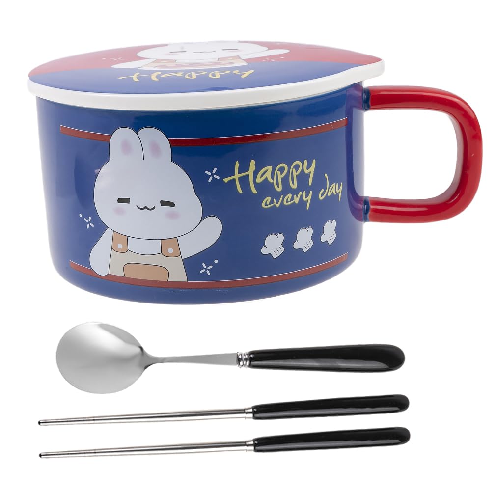 lachineuse - Instant Noodle Bowl - Asian Ramen Bowl - Porcelain - Rabbit Design - 1000 ML - Lid & Cutlery - Breakfast, Soup, Rice - Asia Japan China Gift Idea - Dark Blue