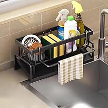 Metal Sponge Holder for Kitchen Sink – Auto-Draining Sink Organizer Caddy with Soap Tray, Brush & Towel Holder | Heavy-Duty Powder-Coated Iron, Free-Standing Rack (Black, 23×10×9 cm)