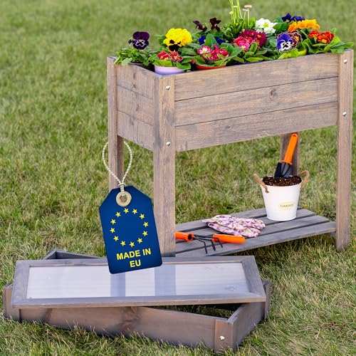 ITA Hochbeet mit Frühbeetaufsatz 80x37x78 cm - Pflanzkasten mit Deckel, Ablageboden, Innenfolie - Made in EU - Direkt vom Hersteller - aus FSC Holz - Blumenkasten für Garten Balkon Terrasse - Grau