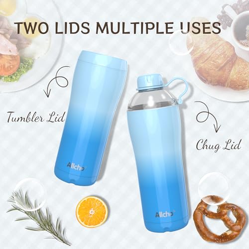 Image of 24 ounce insulated stainless steel water bottle, Comes with tumbler cup lid and chug lid featuring a handle ring, Leak Proof, BPA-Fre, Double Wall Vacuum Insulated for Sports,ocean blue