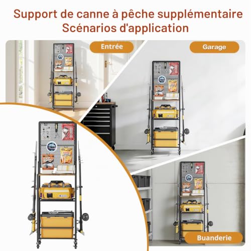 Bikoney Support Canne à Pêche pour Garage avec Panneau Perforé, Chariot de Rangement pour 8 Cannes et Moulinets, Organisateur de Matériel de Pêche sur Roulettes, Robuste et Gain de Place, Cadeau Homme – vue 6