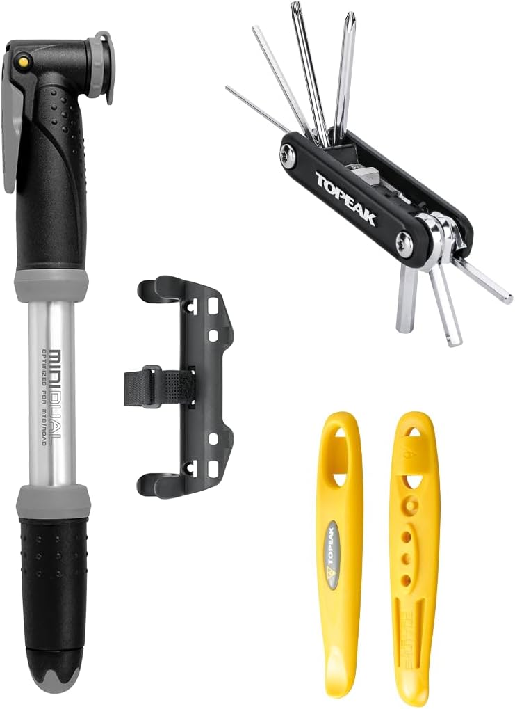 Topeak Essentials Cycling Accessory Kit – Mini Dual Pump (120 PSI), 11-Function X-Tool+, Shuttle Lever 1.1 Tire Levers – Compact Bike Repair Kit for Road, MTB & Commuter Cyclists