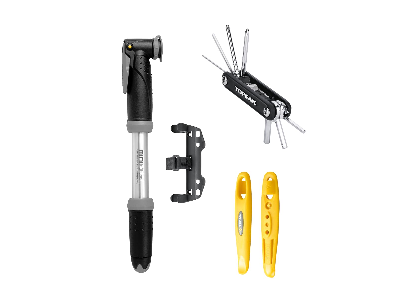 Topeak Essentials Fahrrad-Zubehör-Set – Mini-Doppelpumpe (120 PSI), 11 Funktionen X-Tool+, Shuttle Lever 1.1 Reifenheber – Kompaktes Fahrrad-Reparaturset für Straßen-, MTB- und Pendlerradfahrer