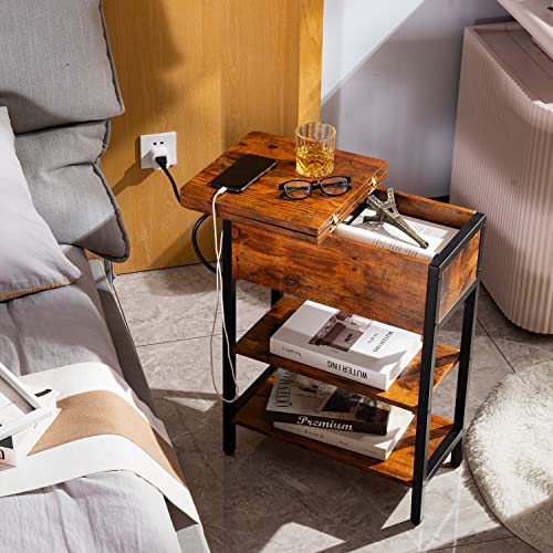 Yoobure End Table with Charging Station, Flip Top Side Table with USB Ports and Outlets, Sofa Couch Table Bedside Table for Living Room Bedroom, Narrow Nightstand with Storage Shelves for Small Space by Yoobure - Image 5