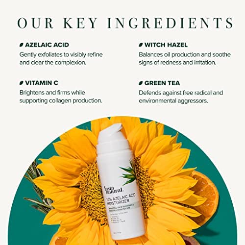 InstaNatural 10% Azelaic Acid Moisturizer - Hyperpigmentation Treatment & Pore Minimizer - Lightweight Hydrating Face Cream for Blemish & Aging - Green Tea, Witch Hazel & Hyaluronic Acid - 1 oz