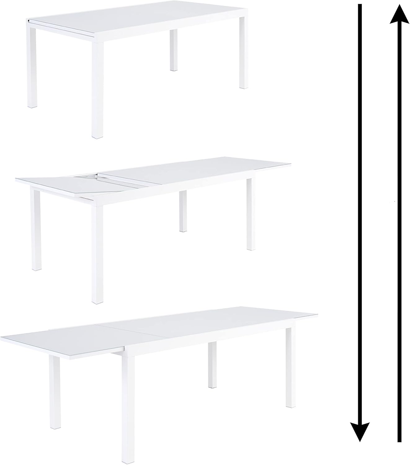 Sequence of images showing the NATERIAL LYRA table in its compact form, then with one end pulled out to reveal the extension mechanism, and finally fully extended with the leaf in place.