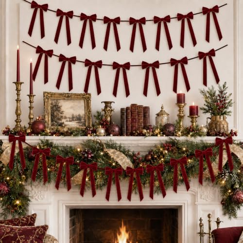 10ft Burgundy/Wine Dark Red Christmas Velvet Bows Garland Banner Decoration