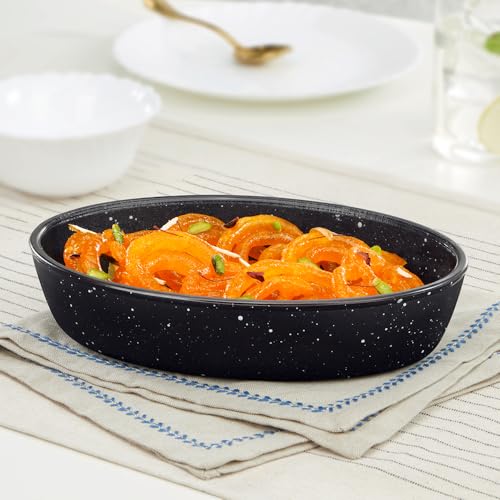 Image of Borosil 700 ml Baking & Serving Oval Shape Dish | Borosilicate Glass Bakeware and Serveware Tray | Microwave, Oven & Dishwasher Safe Bowl | Transparent Container (Pebble Black)