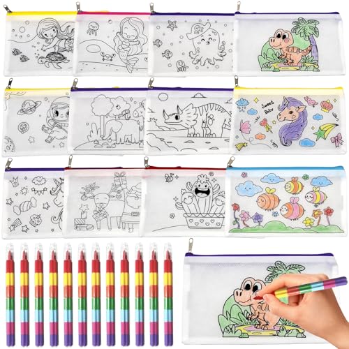 Liangding Sacs à colorier pour enfants – 12 sacs en tissu zippés et 12 crayons de cire...