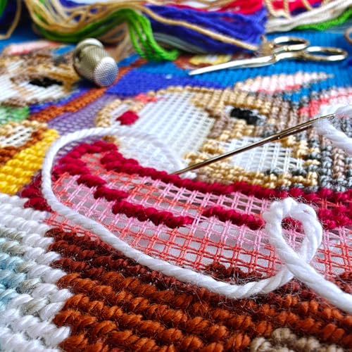 Image of Brvsk Christmas Needlepoint Kit for Adults and Beginners - Hares' Carols 16″ x 16″ with Clear, Precise Printed Design on Cotton Canvas; Includes 2 Needles, Yarn, and Easy-Read Chart