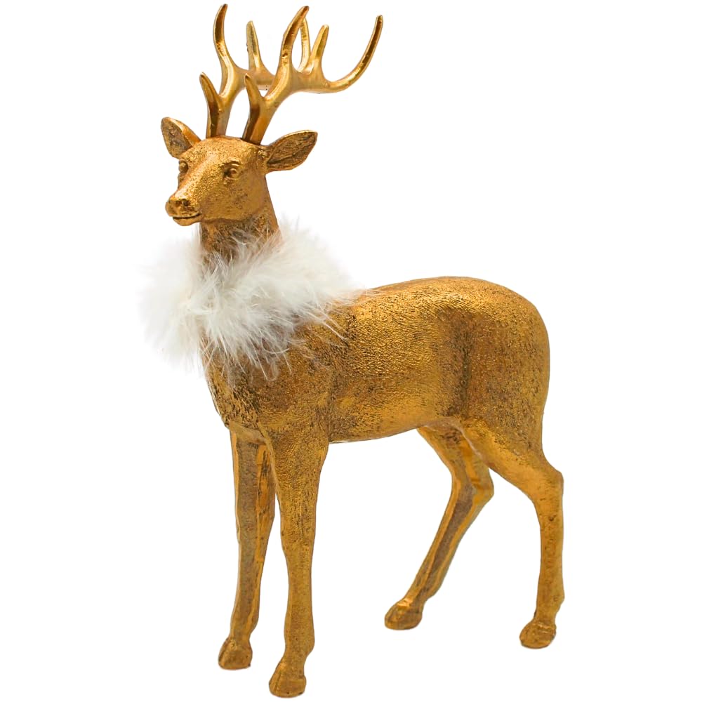 Dekohelden24 Deer Decoration, Stag Sculpture, Stag Figurine, Stag Figurine Made of Ceramic with White Feather Boa in Gold, Size L x W x H approx. 19 x 9 x 30 cm