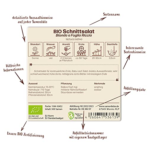 Samenliebe BIO Schnittsalat Samen Bionda a Foglia Riccia Wintersalat Salat grün 500 Samen samenfestes Gemüse Saatgut für Gewächshaus Freiland und Balkon BIO Gemüsesamen - Image 5