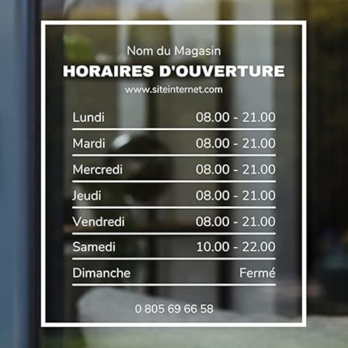 Autocollant sticker horaires vitrine magasin personnalisé - Design 1