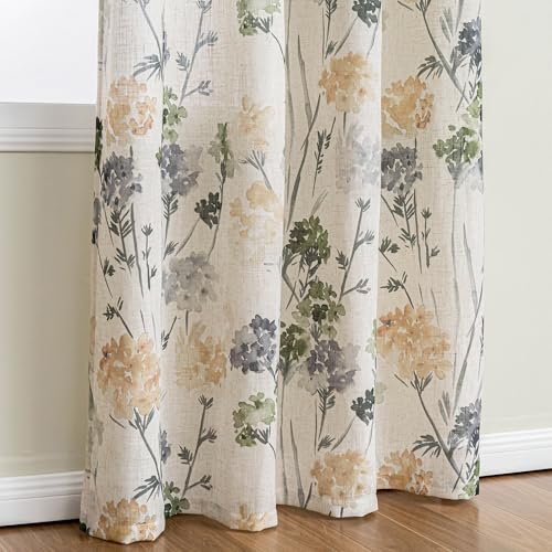 Image of MYSKY HOME Floor to Ceiling Linen Floral Curtains 108 Inch Length 2 Panels Semi Sheer Light Filtering Farmhouse Flower Printed Window Grommet Drapes for Dining Room, 52 inch W Each Panel, Sage Green